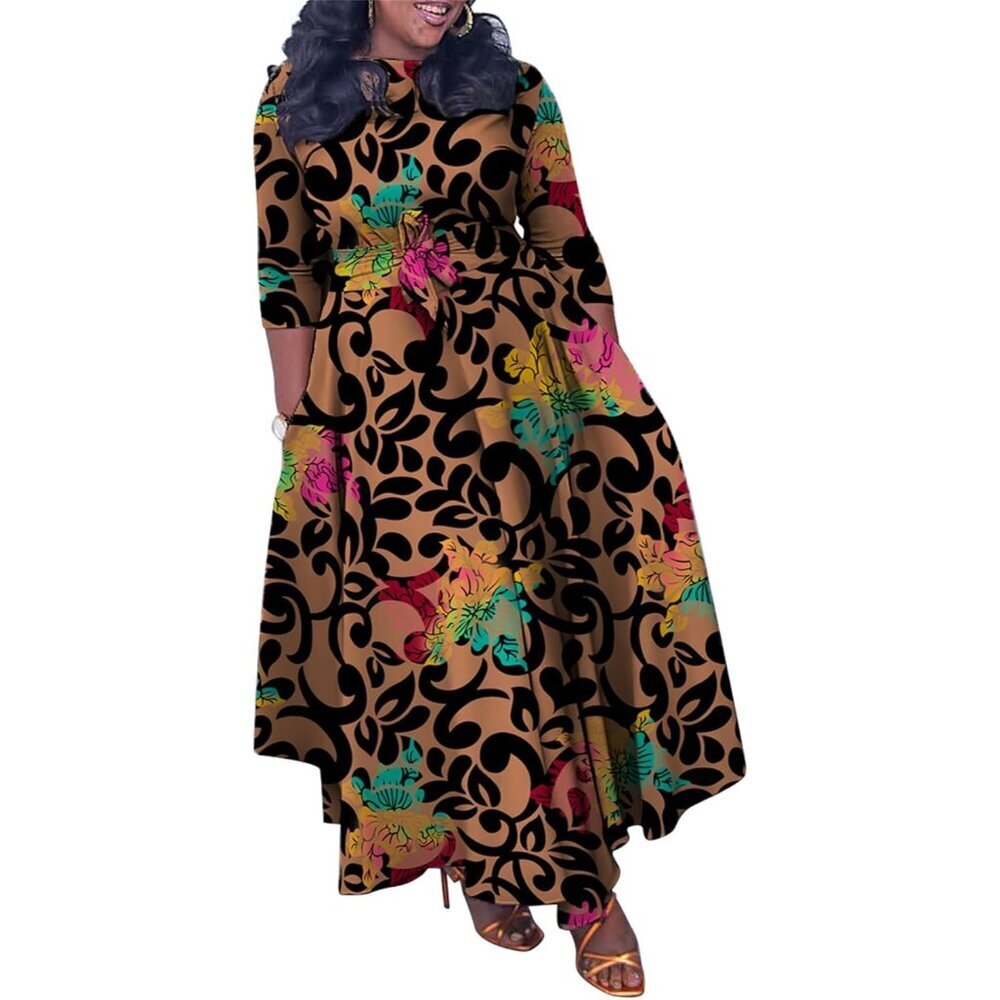 Plus Size Maxi Dress African Print 3/4 Sleeve Flowy Ruffle Belt Casual